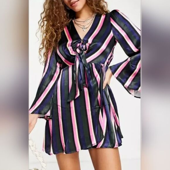 TOPSHOP Women's Stripe Knot Front Long Sleeve Mini Dress Size 6 Multi NWT - Picture 1 of 5